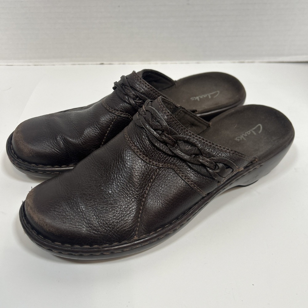 Vintage Clarks Dark Brown Casual Slip-On Clogs Mules braided Leather Size 9m